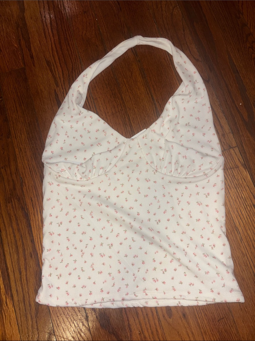 Cream Halter Ribbed Camisole with Pink Floral Print